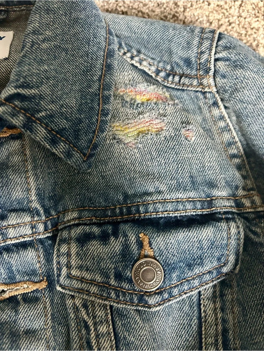 Old Navy Distressed Denim Jean Jacket with Smiley and Rainbow Accents